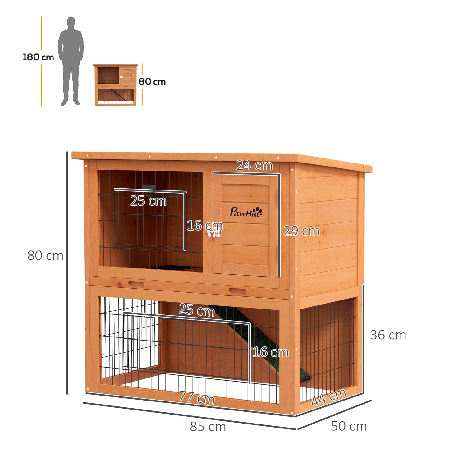 PawHut Two Tier Antiseptic Wood Rabbit Hutch 80cm Guinea Pig Hutch with Run Orange - ALL4U RETAILER LTD