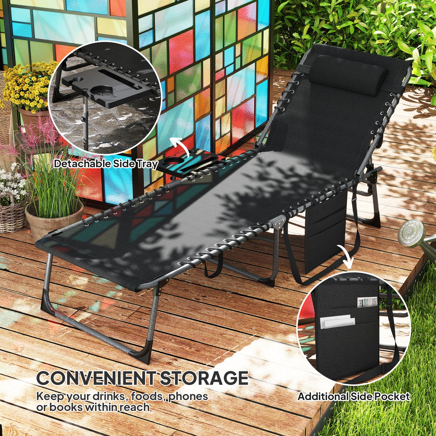 Outsunny Five Position Reclining Sun Lounger Black With Powder Coated Steel Frame And Removable Pillow