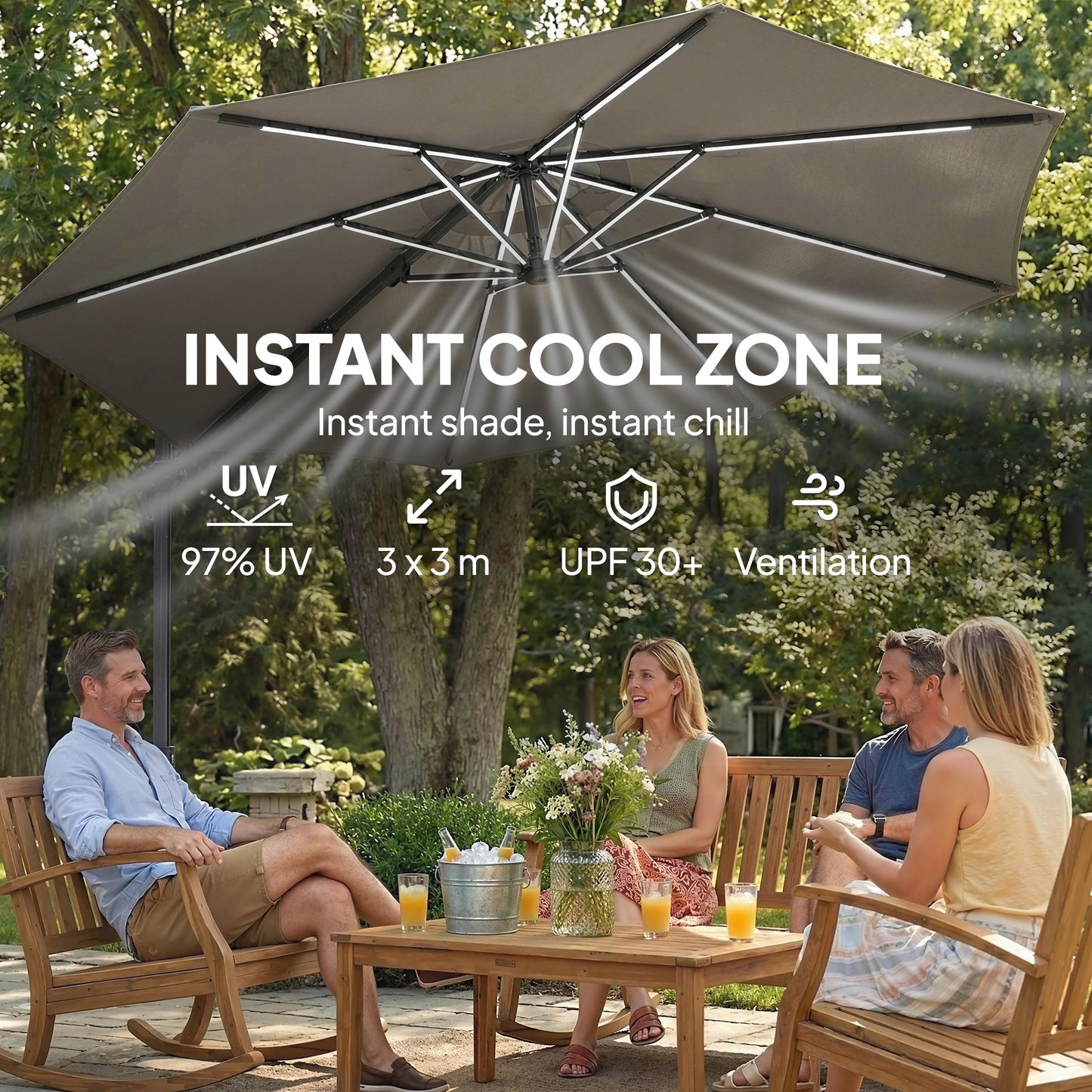 Outsunny 3 Meter Garden Cantilever Parasol With LED Solar Light Round Overhanging Umbrella 360 Degree Rotation Grey