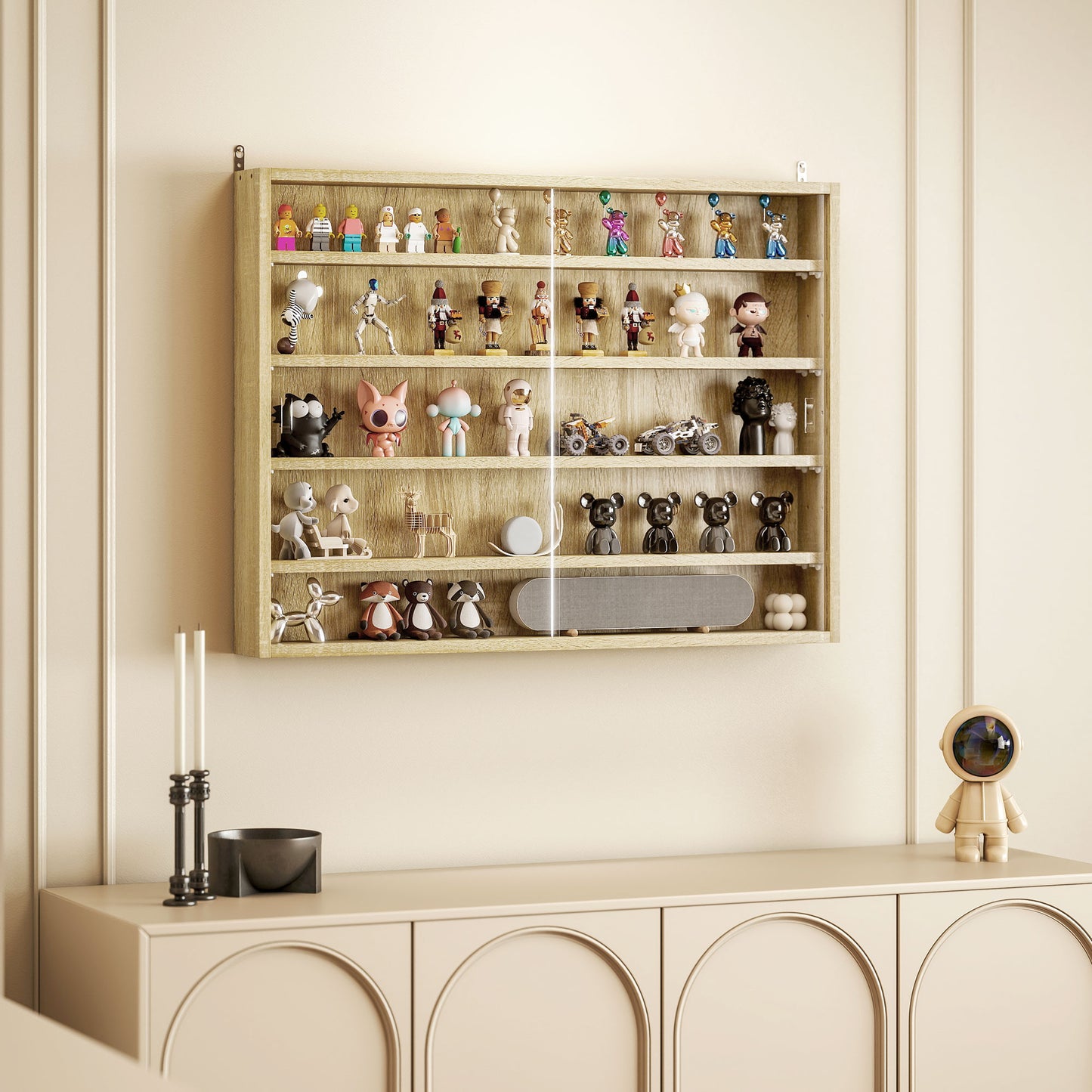 HOMCOM 5 Tier Wall Display Cabinet With Glass Doors 4 Adjustable Shelves Oak Finish 60x80cm Home Office Ornaments