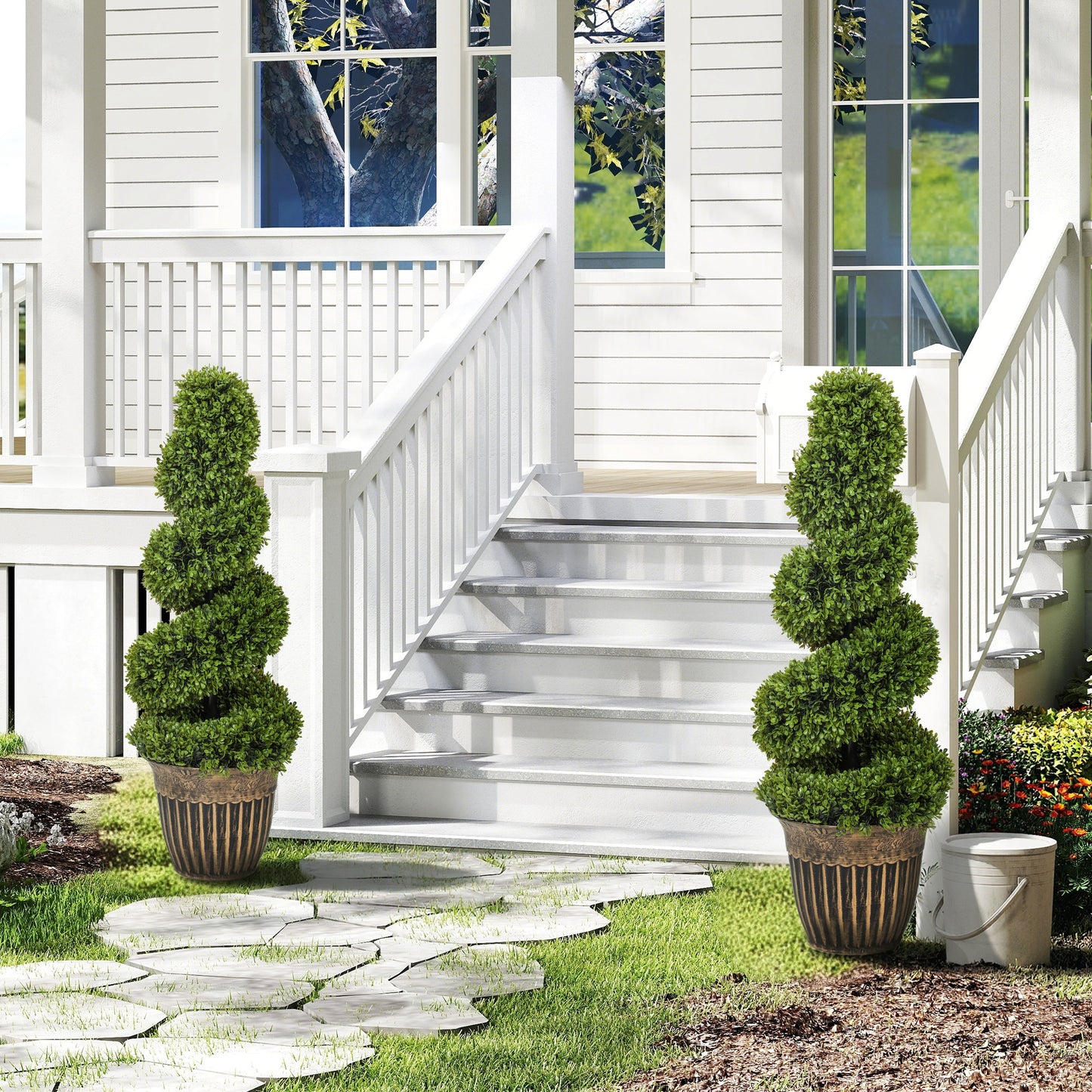 Homcom Set Of 2 Artificial Topiary Spiral Boxwood Trees With Pots For Home Indoor Outdoor Decor 90cm