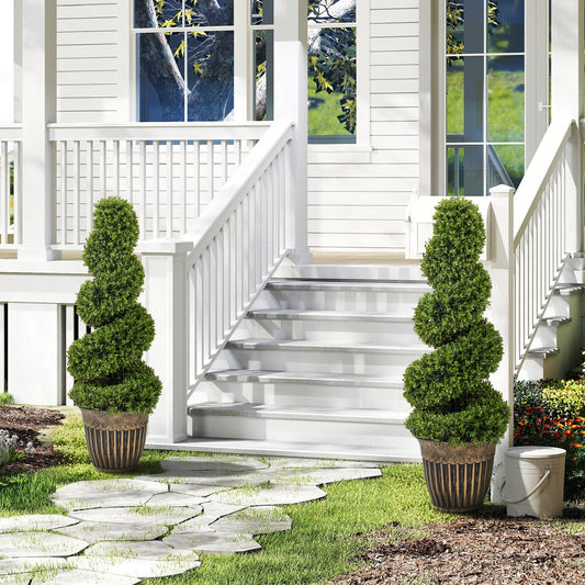 Homcom Set Of 2 Artificial Topiary Spiral Boxwood Trees With Pots For Home Indoor Outdoor Decor 90cm