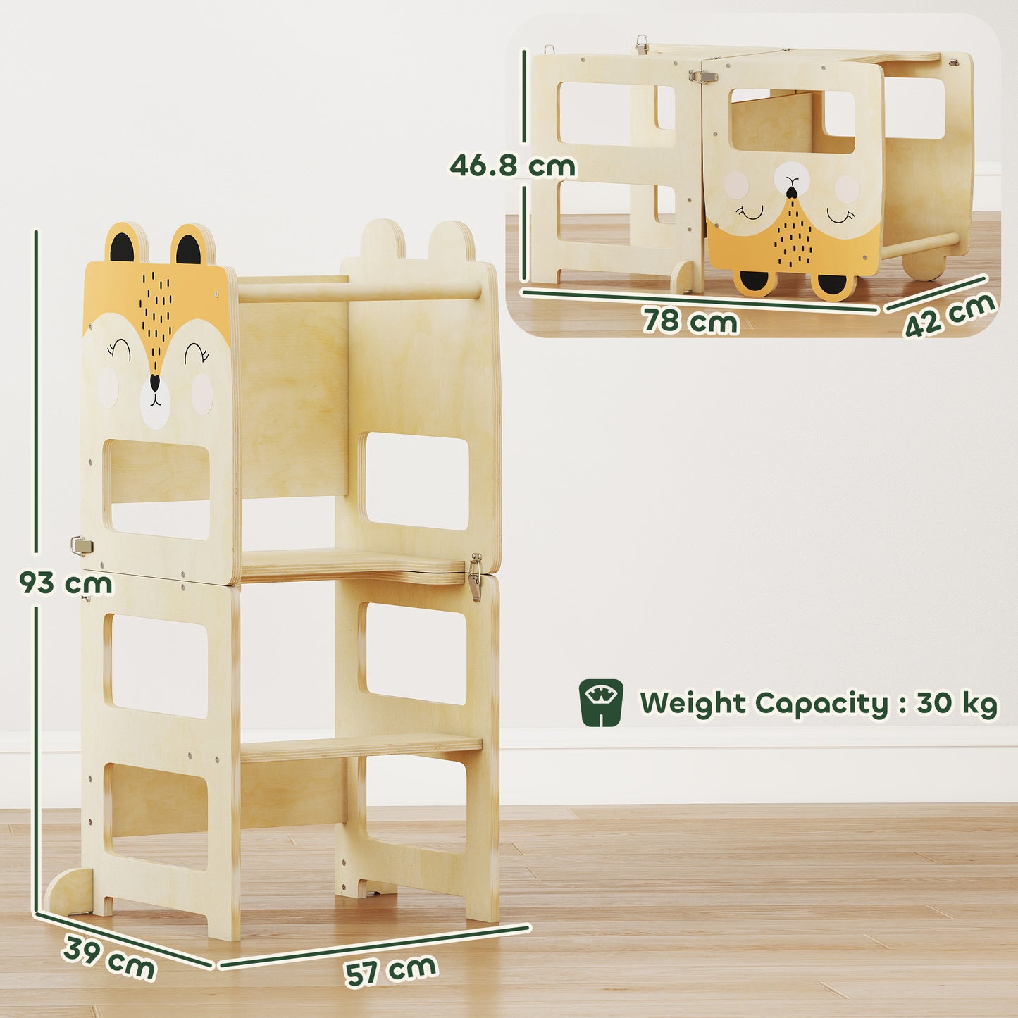 AIYAPLAY Toddler Step Stool Fox Shaped 3 in 1 Standing Tower with Chalkboard for Kitchen Counter Natural Wood