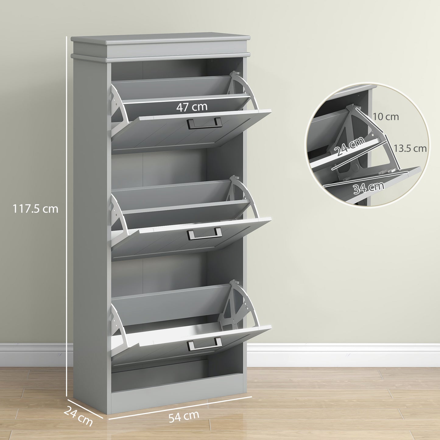 HOMCOM Three Drawer Minimalistic Shoe Cabinet Grey With Adjustable Shelves For 15 Pairs Of Shoes