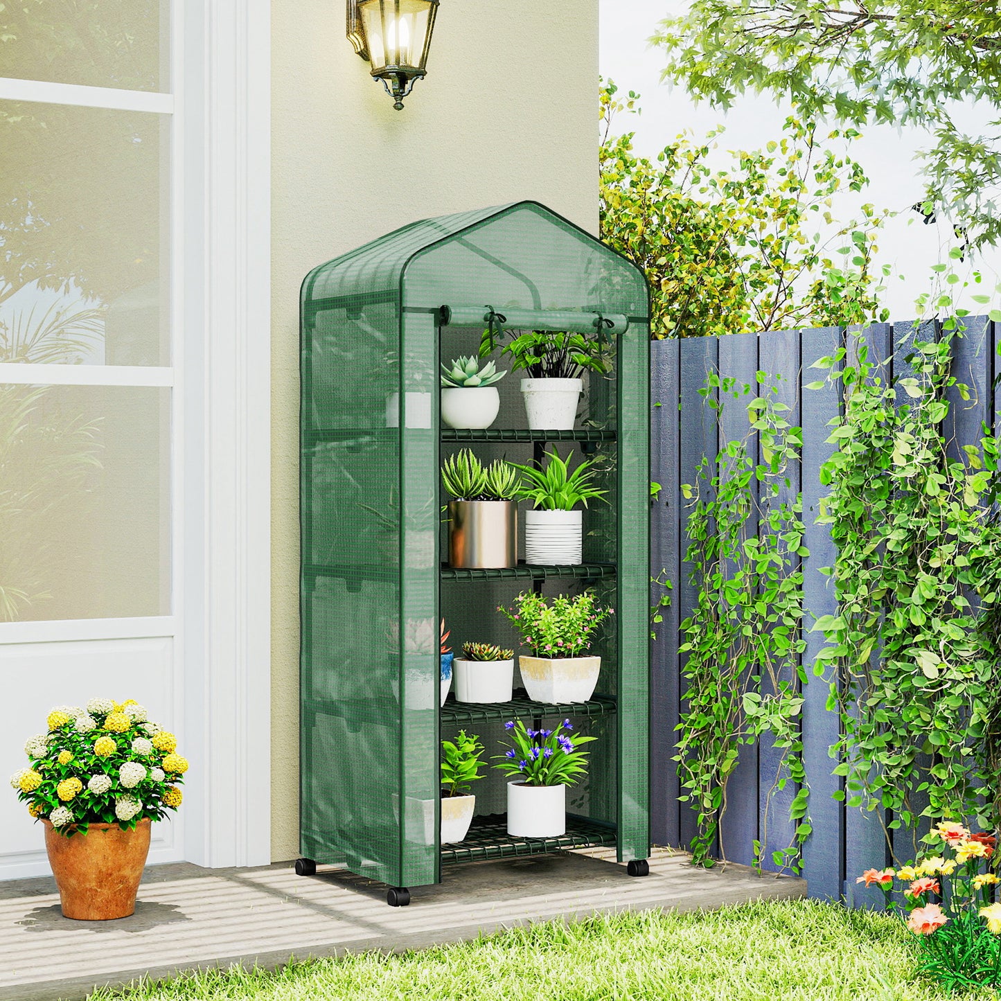Outsunny 4 Tier Portable Greenhouse With Lockable Wheels Metal Frame PE Cover Green