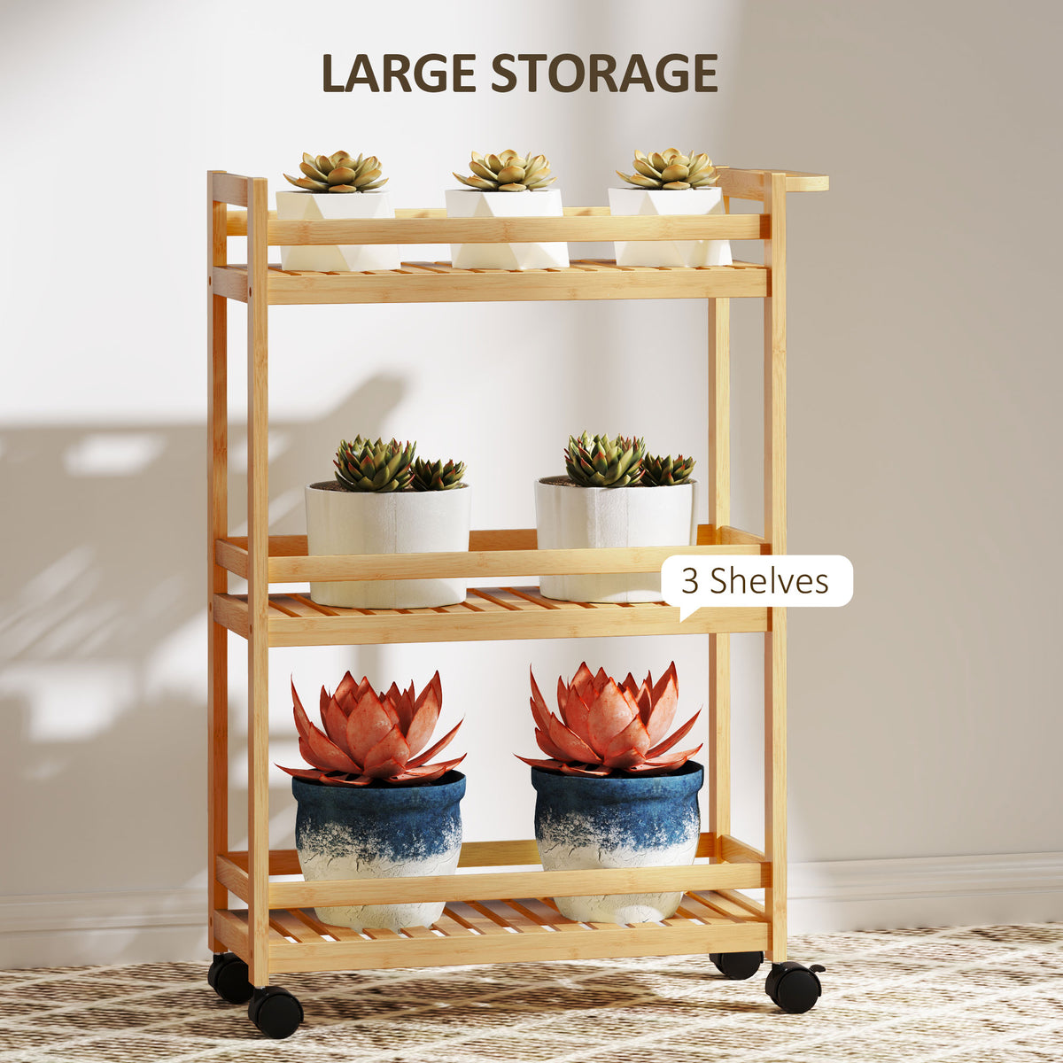 Bamboo 3-shelf storage trolley with guard rails and rolling caster wheels