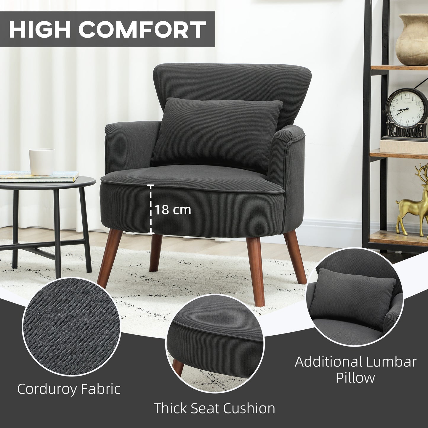 HOMCOM Corduroy Retro Wing Back Accent Chair For Small Spaces With Black Upholstery