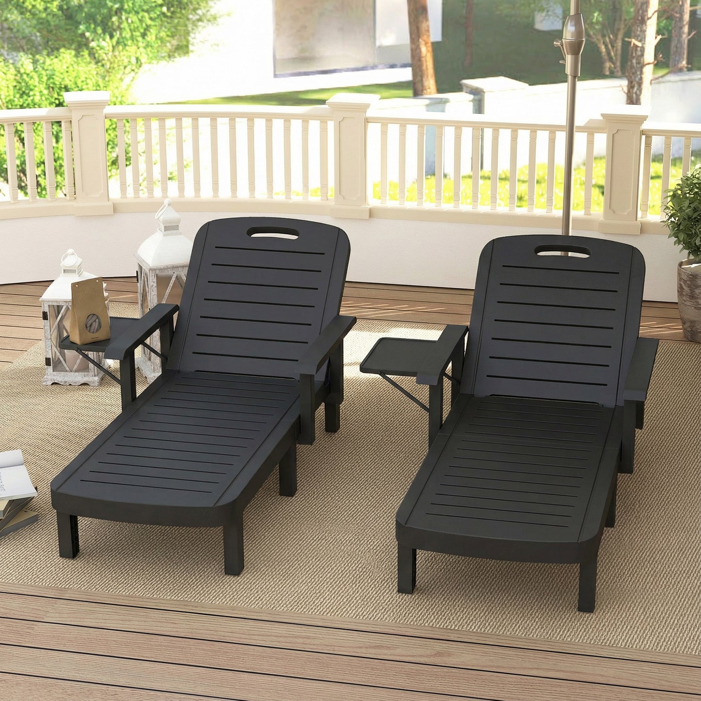 Outsunny Set Of 2 Adjustable Sun Loungers With Five Position Recline And Armrests For Outdoor Use Foldable Table Black