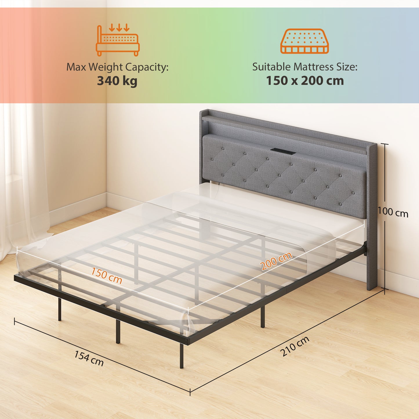 HOMCOM Floating Bed Frame With Upholstered Headboard King Size 5Ft Platform Bed RGB LED Lights And Charging Station Grey