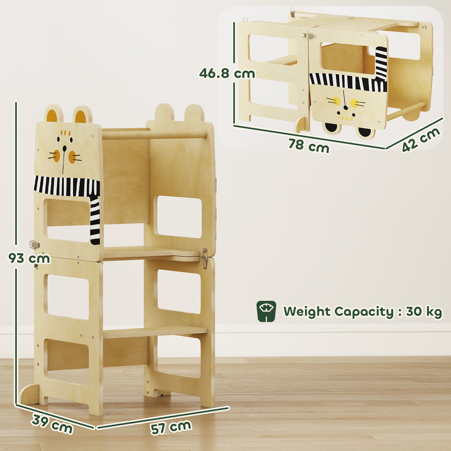 AIYAPLAY Cat Shaped Toddler Step Stool With Chalkboard Standing Tower Three In One Desk Conversion Kitchen Counter