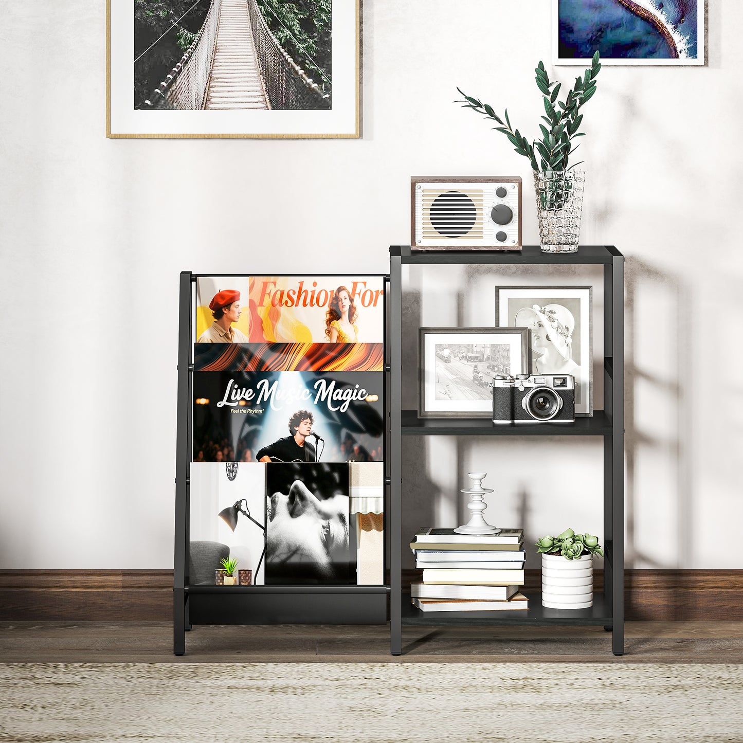 HOMCOM 3 Tier Record Player Stand End Table for Living Room and Bedroom Black Wood Effect
