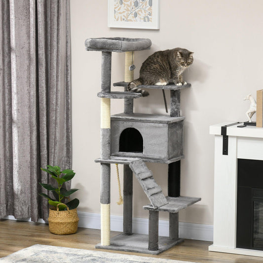 PawHut Cat Tree Tower for Indoor Cats with Scratching Post, House, Toy, Grey - ALL4U RETAILER LTD