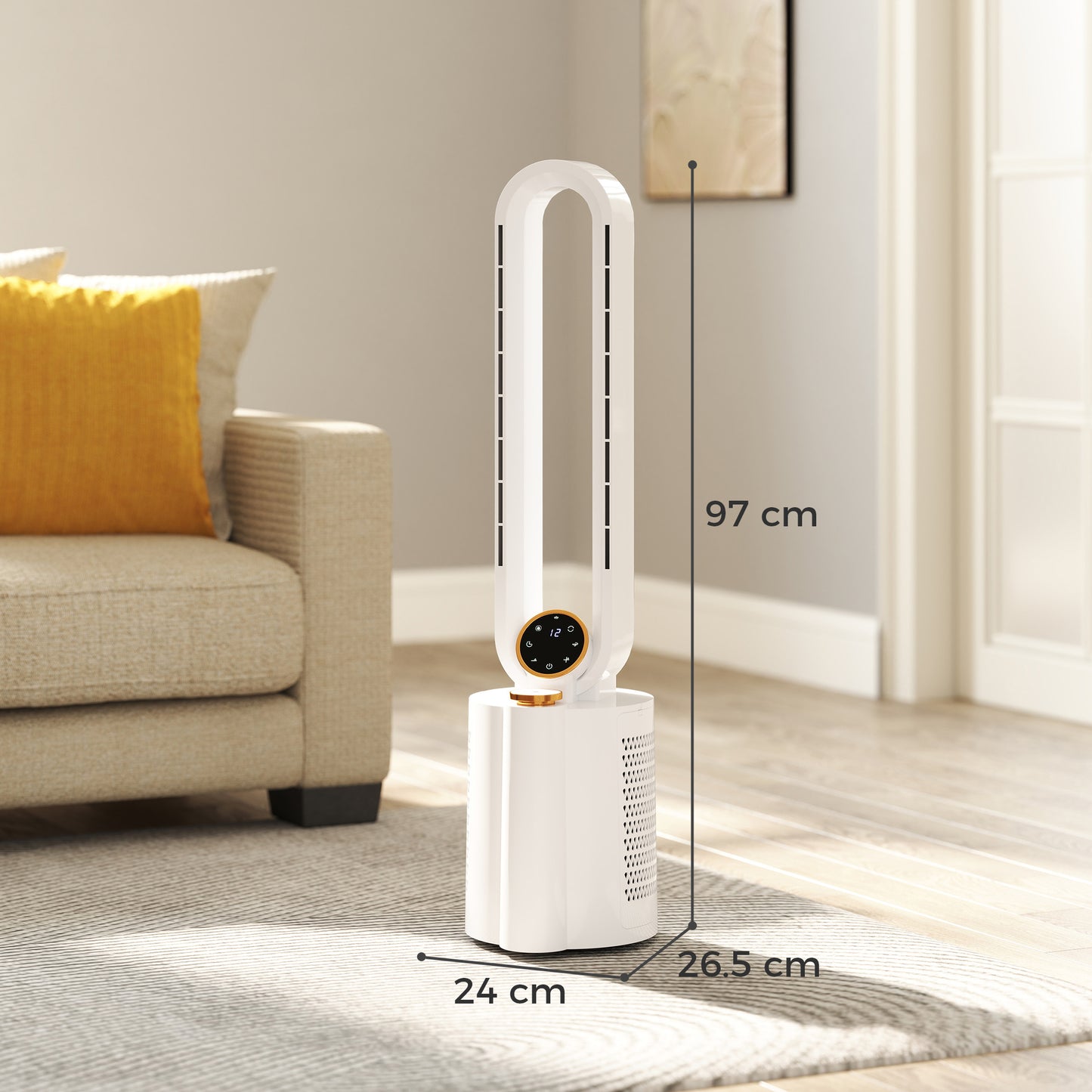 HOMCOM Bladeless Tower Fan And Humidifier White Multi Mode UV Sterilisation Low Noise 28 dB
