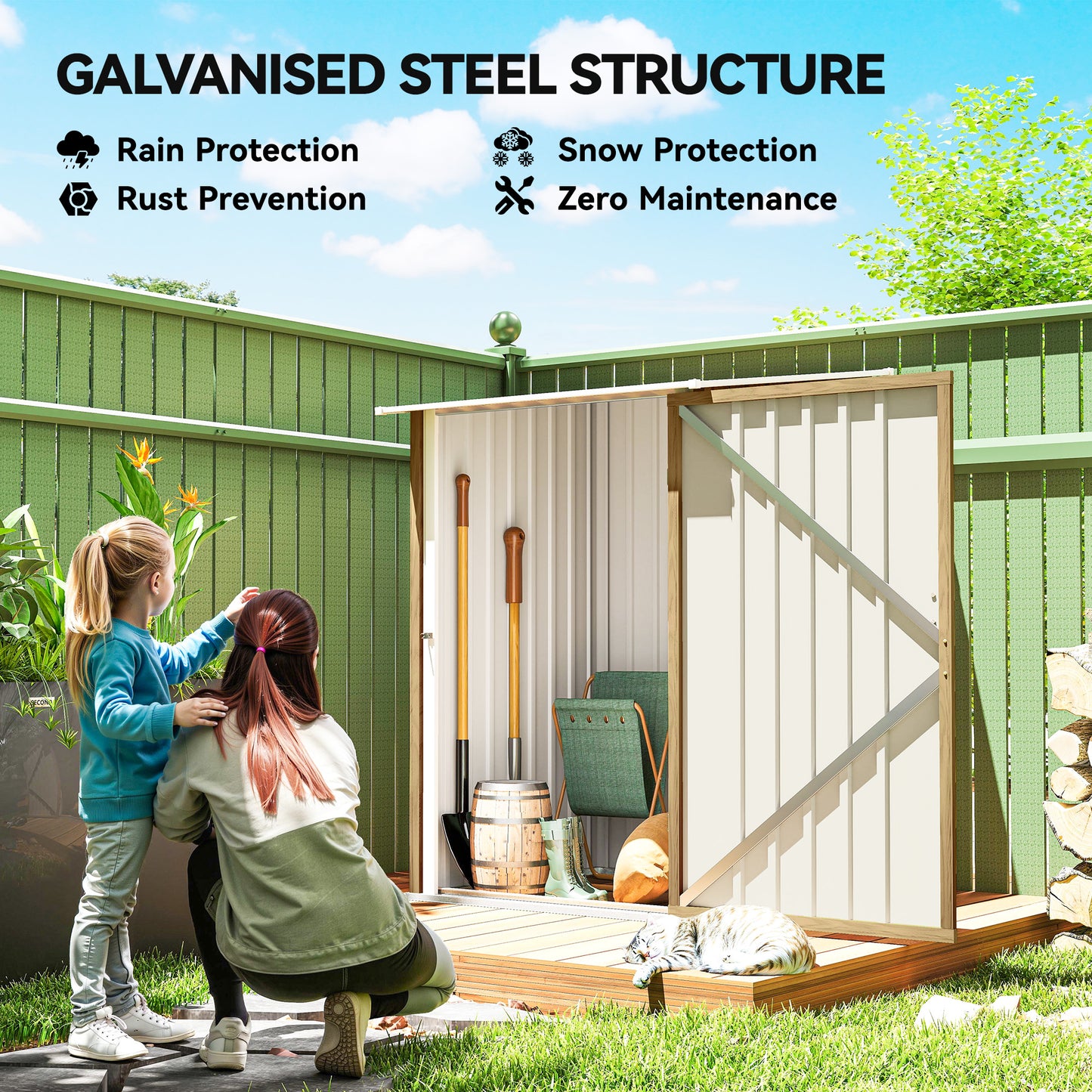 Outsunny Lean To Steel Garden Shed 3.3 By 3.4 Ft With Locking Door Light Brown Wood Effect And White