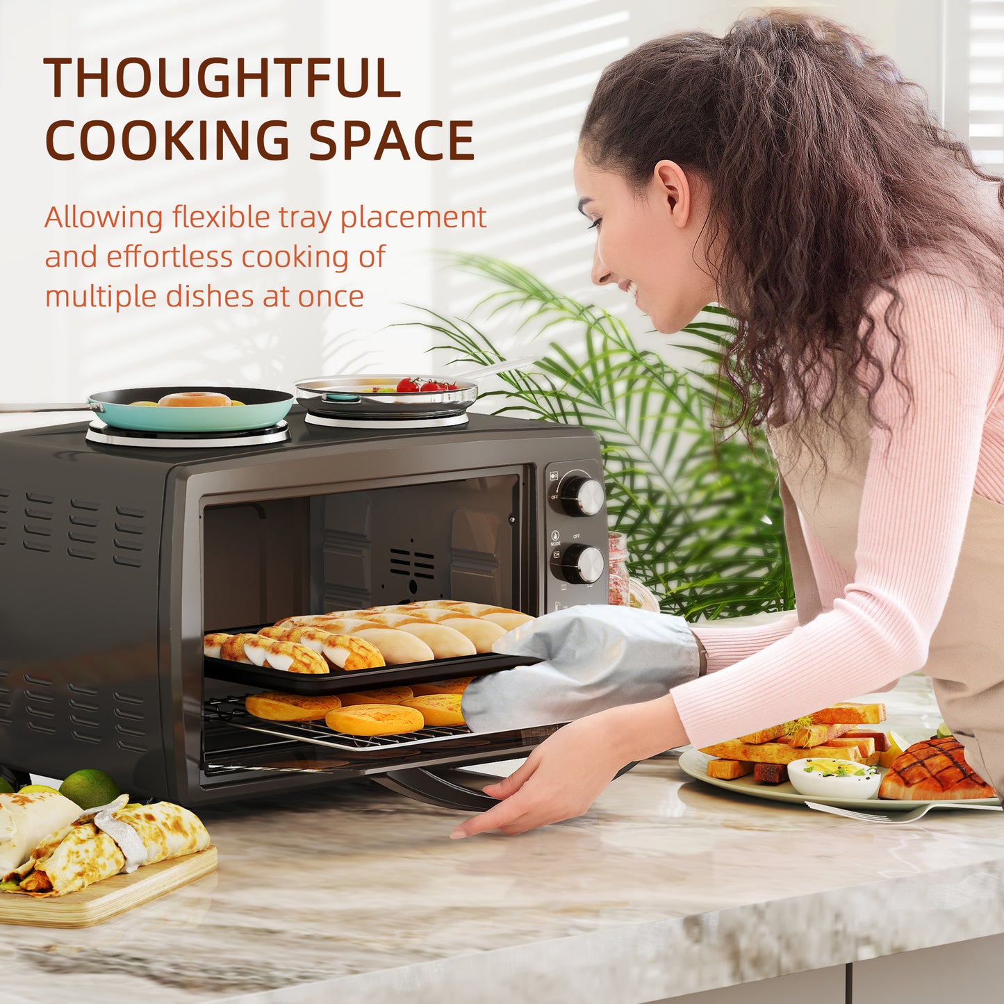 HOMCOM 36L Compact Oven With Dual Hot Plates, Countertop Toaster Oven For Grill, Bake, Roast, Boil, 2600W Black