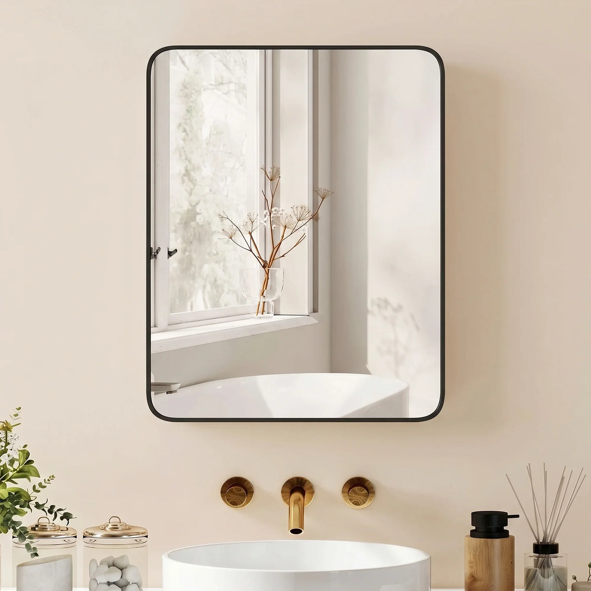 Wall-mounted bathroom mirror cabinet with black frame and reflective glass