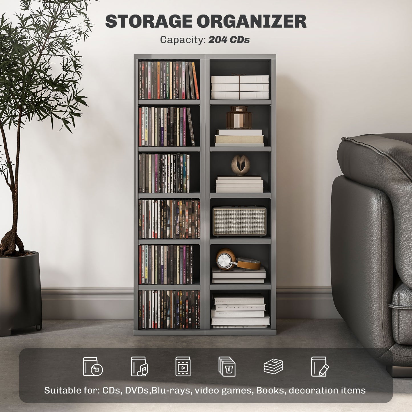 HOMCOM Set Of 2 CD Display Shelf Units With Adjustable Shelves High Gloss Grey Melamine
