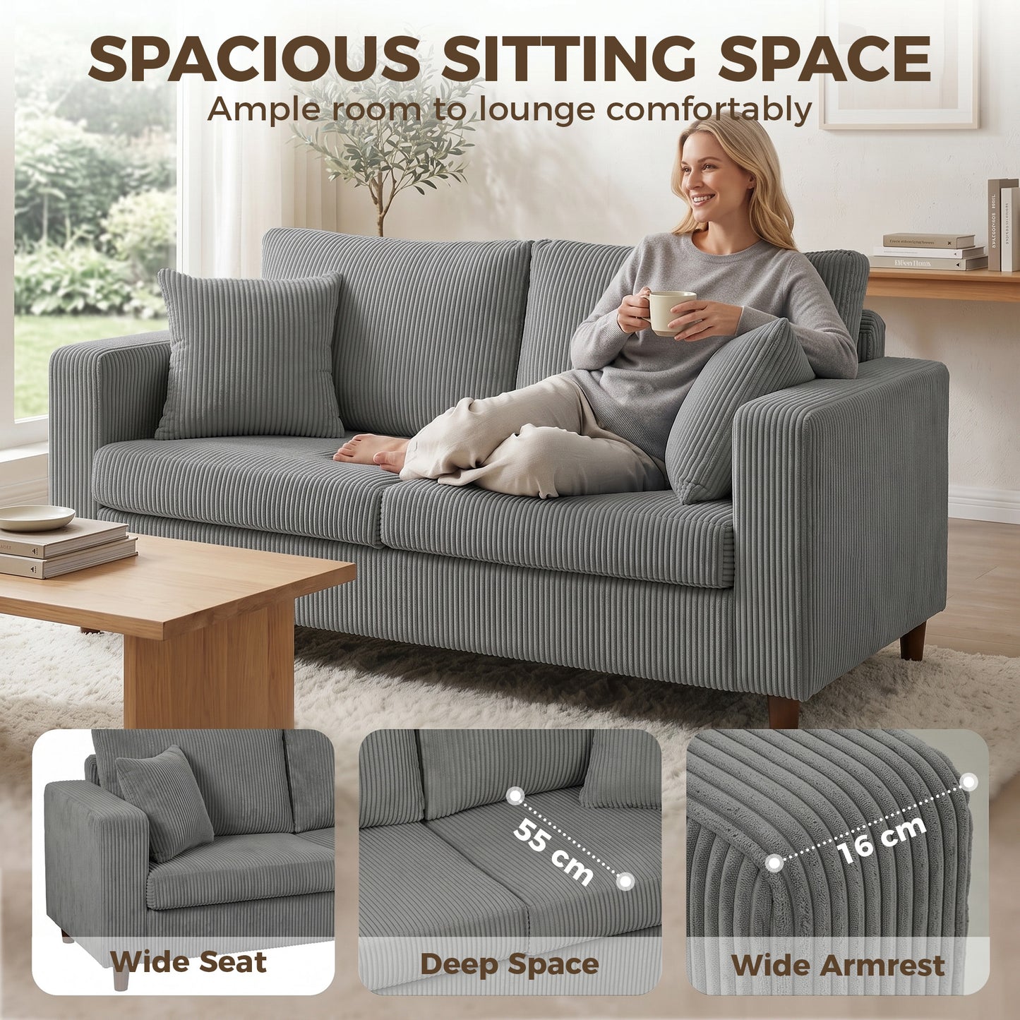 HOMCOM Corduroy Loveseat Sofa 2 Seater With Wide Deep Seat And Spring Cushion In Light Grey