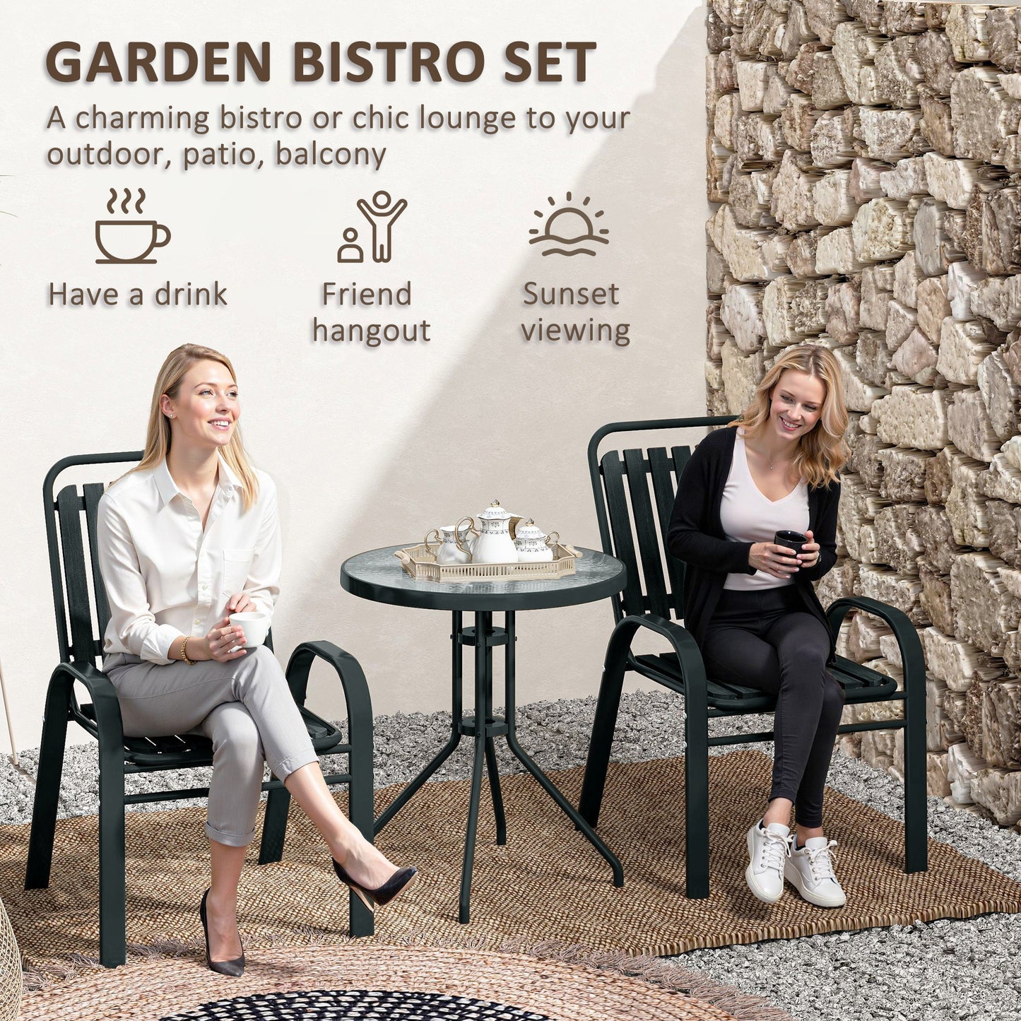 Outsunny 3 Piece Patio Bistro Set With Stackable Chairs And Tempered Glass Table For Balcony Garden Charcoal Grey