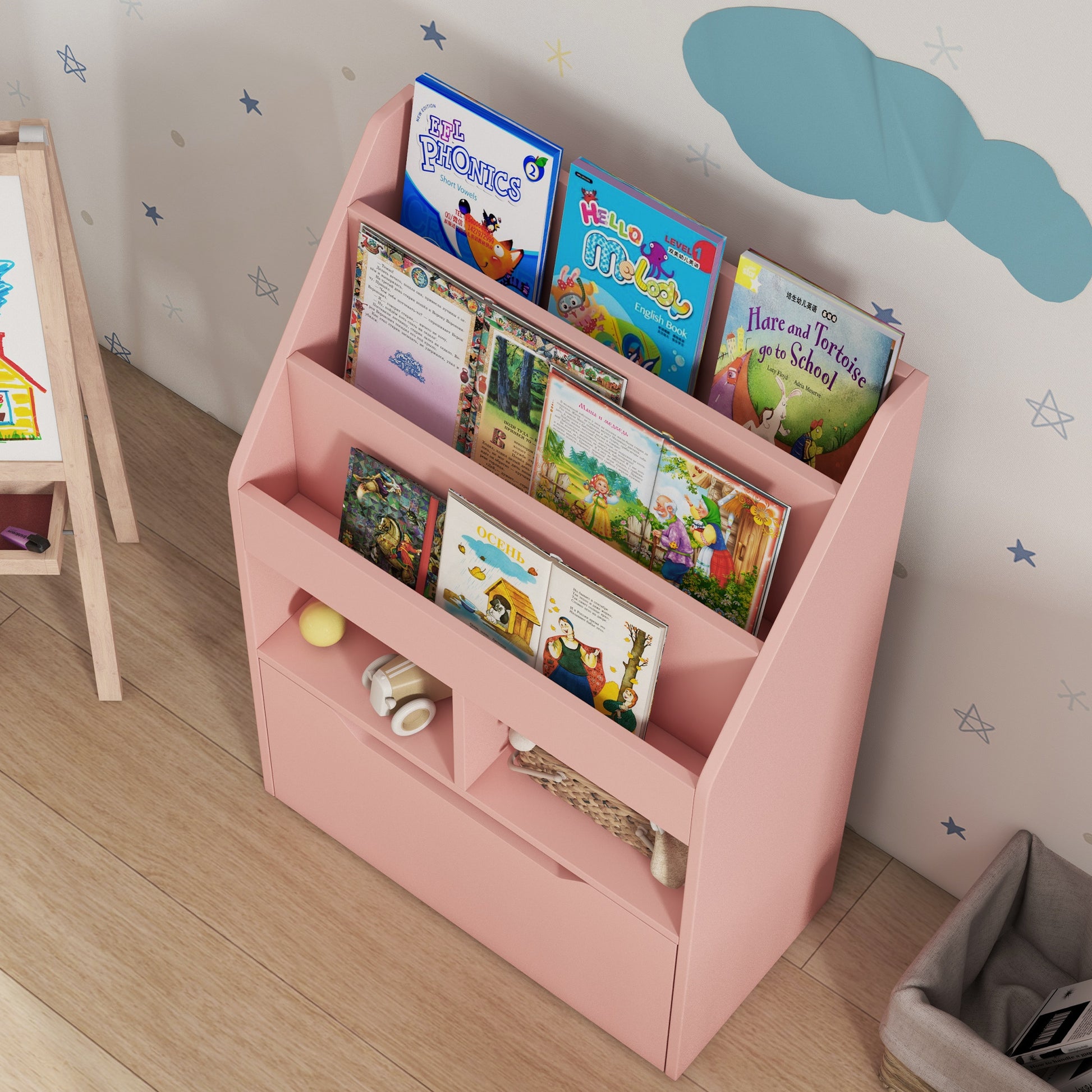 HOMCOM Pink Kids Storage Bookshelf with Wheels and Drawer - Organiser for Toys and Books - ALL4U RETAILER LTD