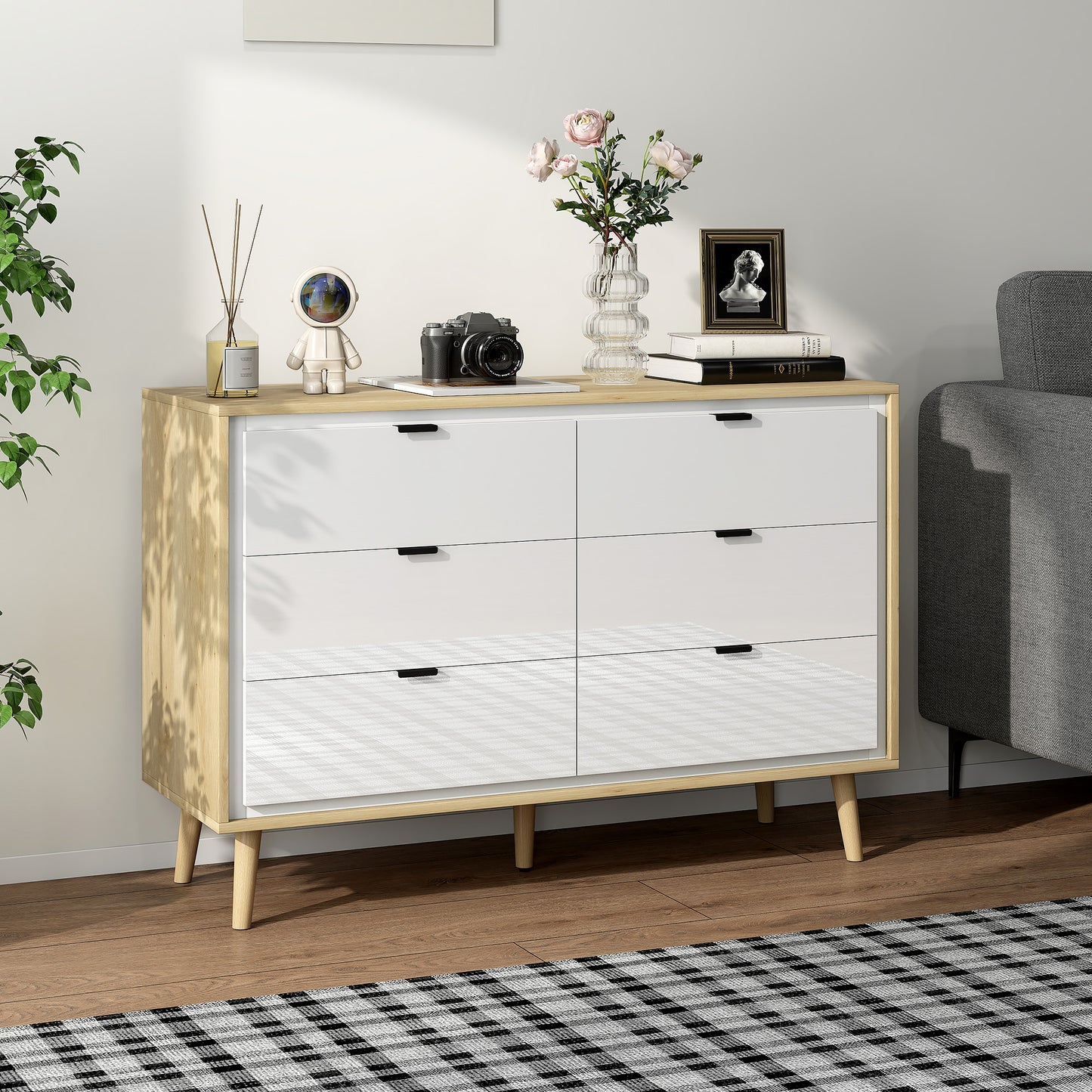 HOMCOM White High Gloss Chest of Drawers with Six Drawers and Five Legs for Bedroom