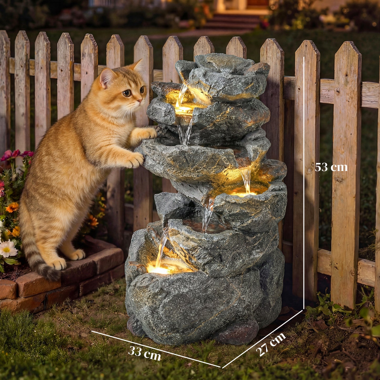 Outsunny 6-Tier Rock Style Outdoor Water Fountain With Cascading Waterfall LED Lights Adjustable Flow Grey
