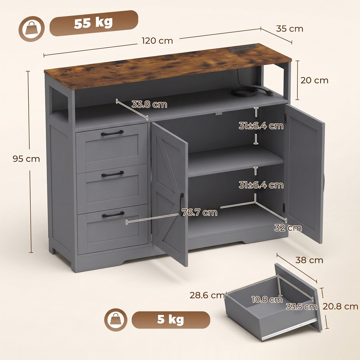 HOMCOM Grey Farmhouse Sideboard with Power Outlet 3 Drawers Open Shelf