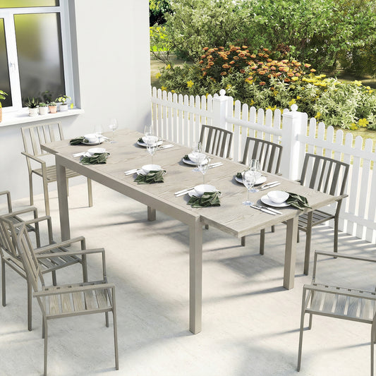 Outsunny Extending Garden Table Aluminium Outdoor Dining For 8 To 10 People With Wood Like Surface Light Grey