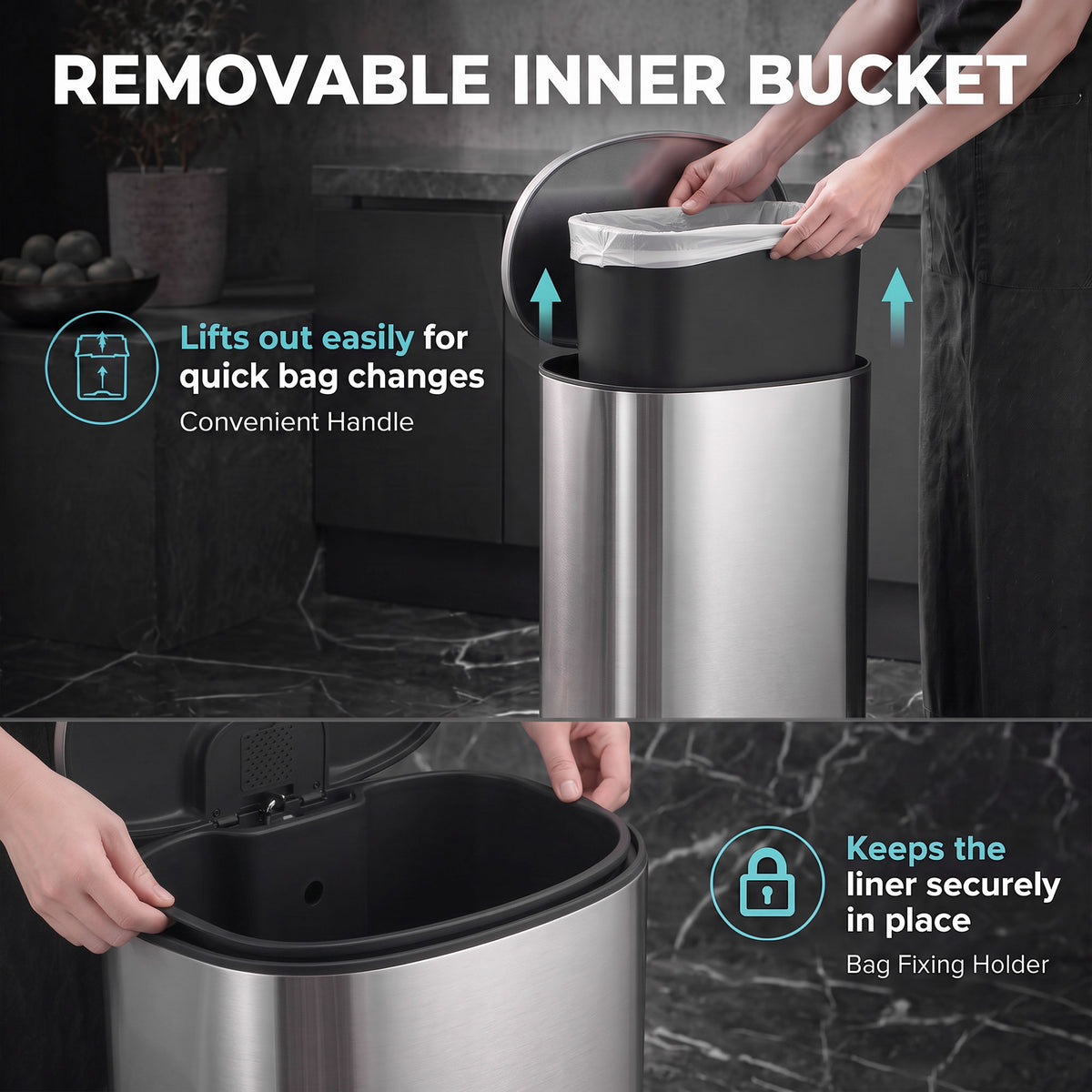 Stainless steel kitchen pedal bin with removable inner waste bucket