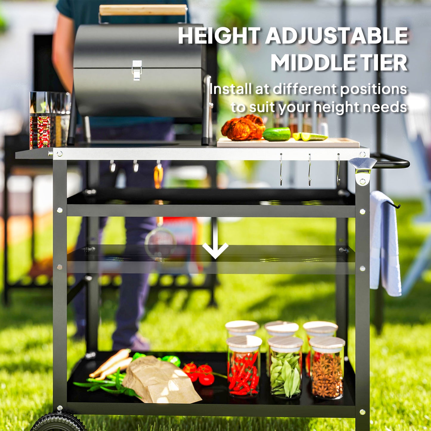 Outsunny Outdoor BBQ Trolley With Stainless Steel Top Adjustable Shelf Movable Grill Cart With Hooks Cover Black