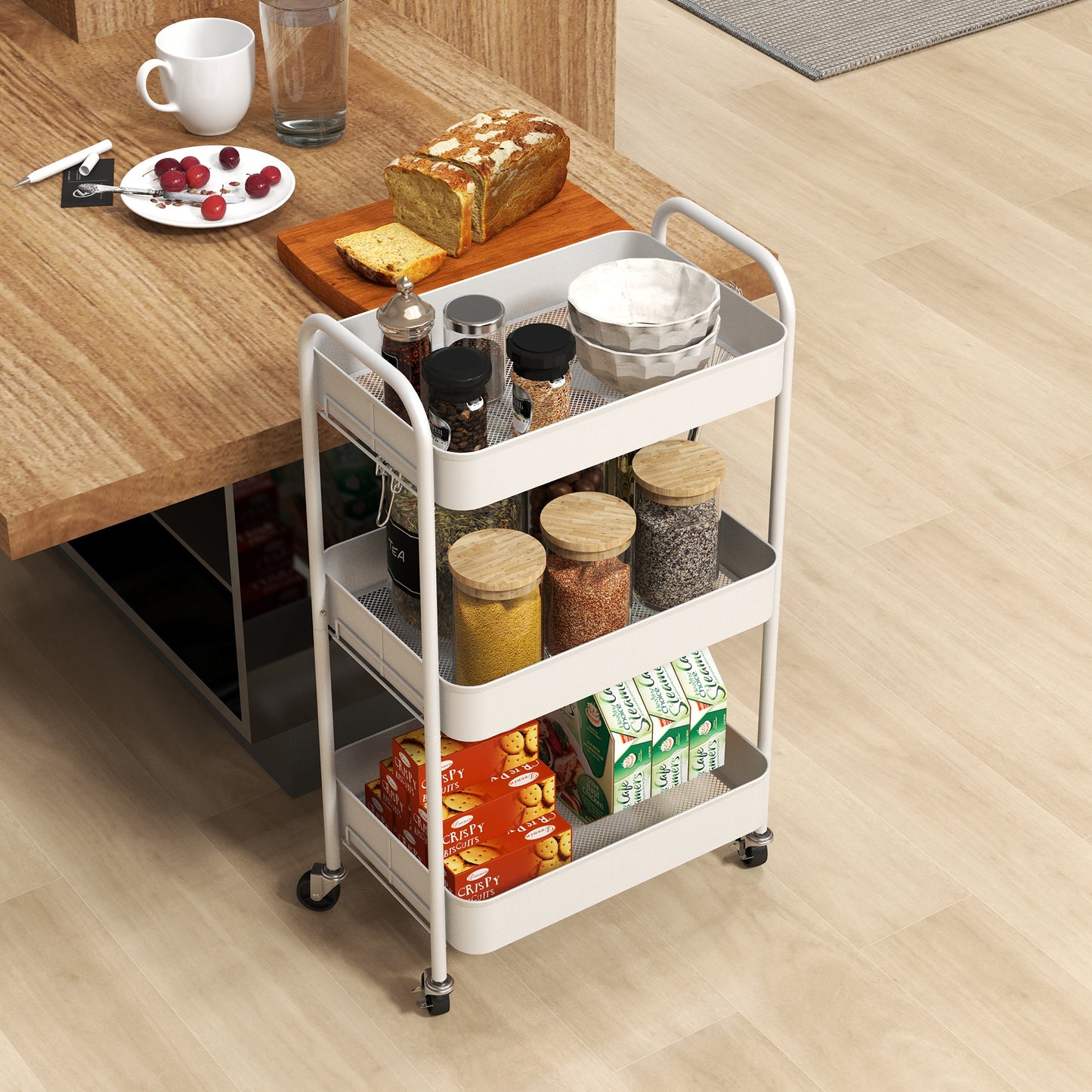HOMCOM Three Tier Steel Storage Trolley White Rolling Cart With Small Medium Large Baskets Home Organization