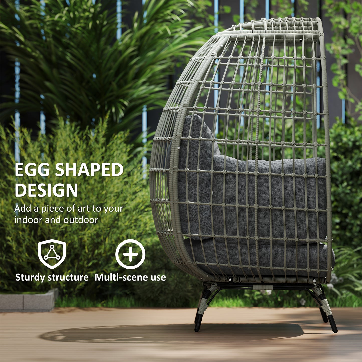 Outsunny Rattan Egg Chair With Cushions And Pillows Charcoal Grey Standing Indoor Outdoor Use