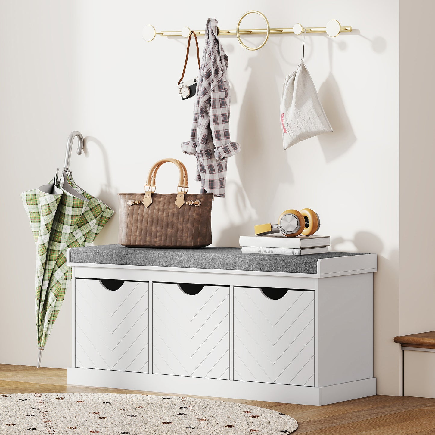 HOMCOM 3-Drawer Padded Shoe Bench With Breathable Washable Linen-Look Cover White