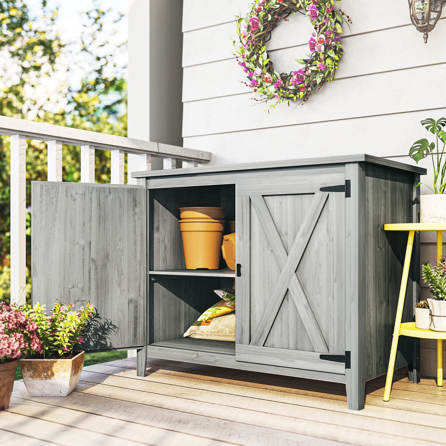 Outsunny Wooden Garden Shed With Shelf And Double Doors In Light Grey Outdoor Fir Wood Storage Shed