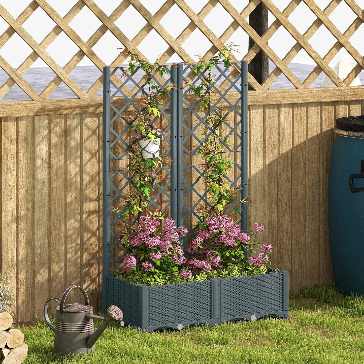 Outsunny Raised Garden Bed With Trellis For Climbing Plants Grey Plastic Planter Box With Drainage Holes And Reservoirs