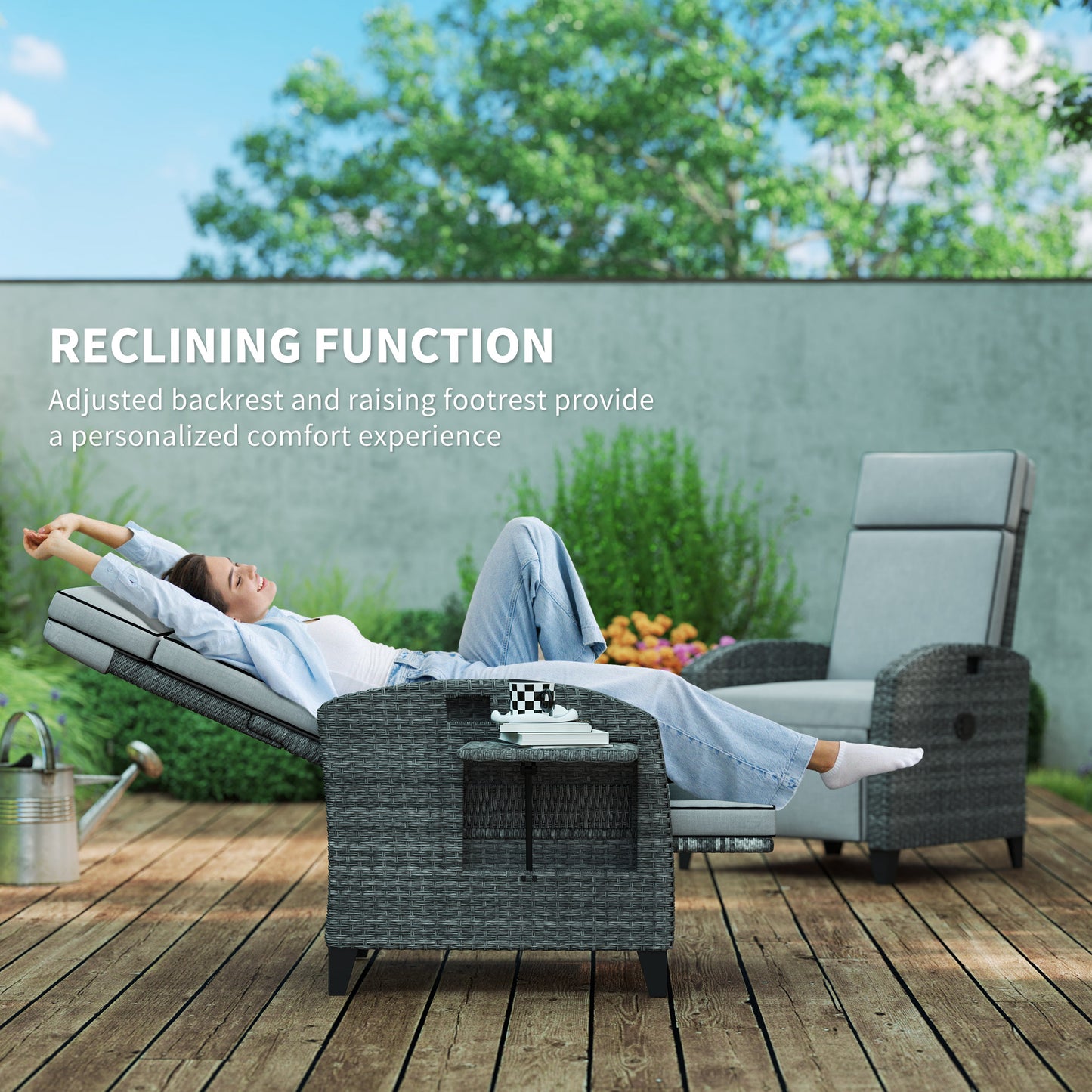 Outsunny Outdoor Recliner Chair With Adjustable Backrest And Footrest Cushion And Side Tray Light Grey