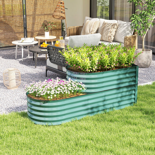 Outsunny Two Tier Galvanised Steel Garden Planter Dark Green Outdoor Plant Stand With Open Bottom