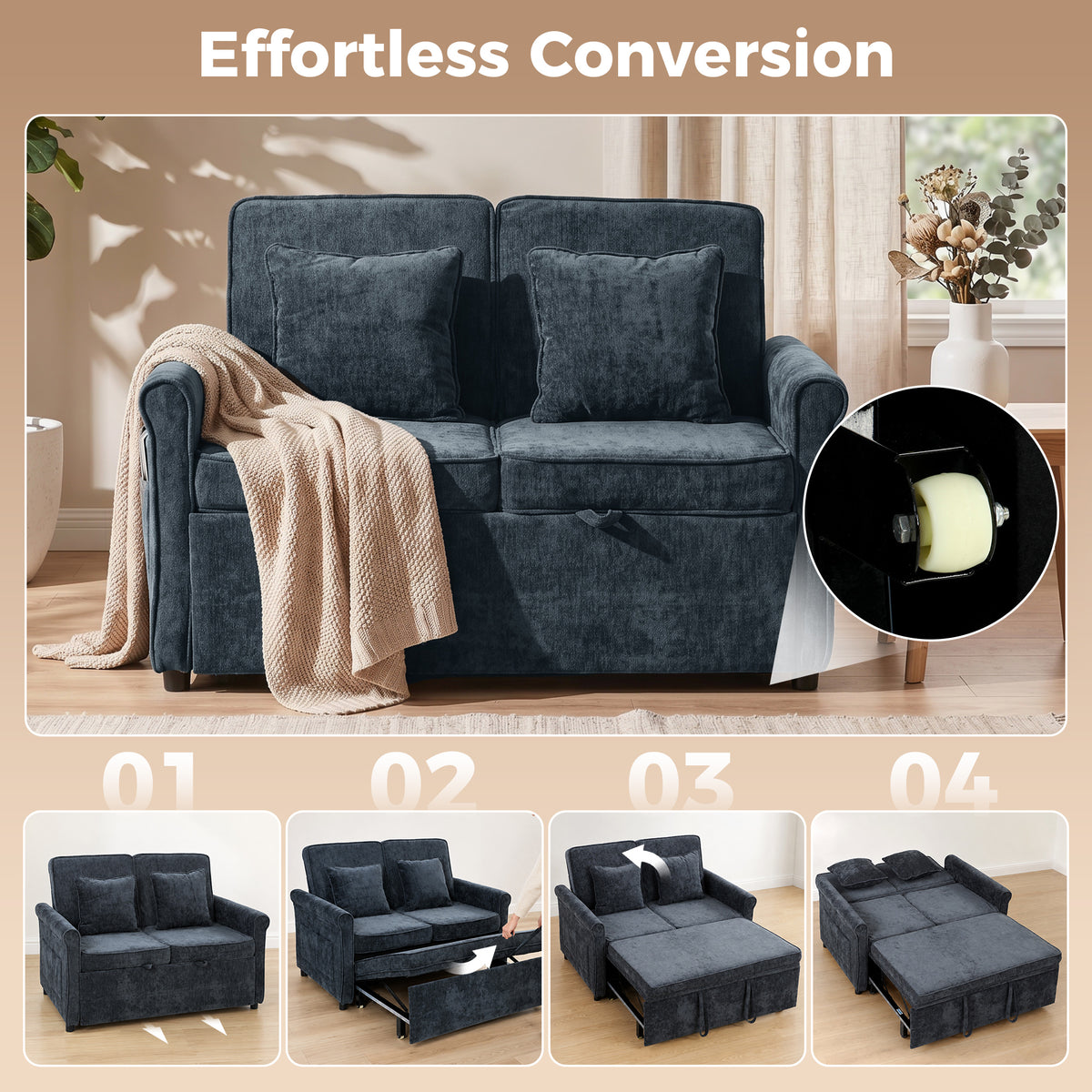 Dark blue sofa bed with pull-out sleeper extended in bed mode