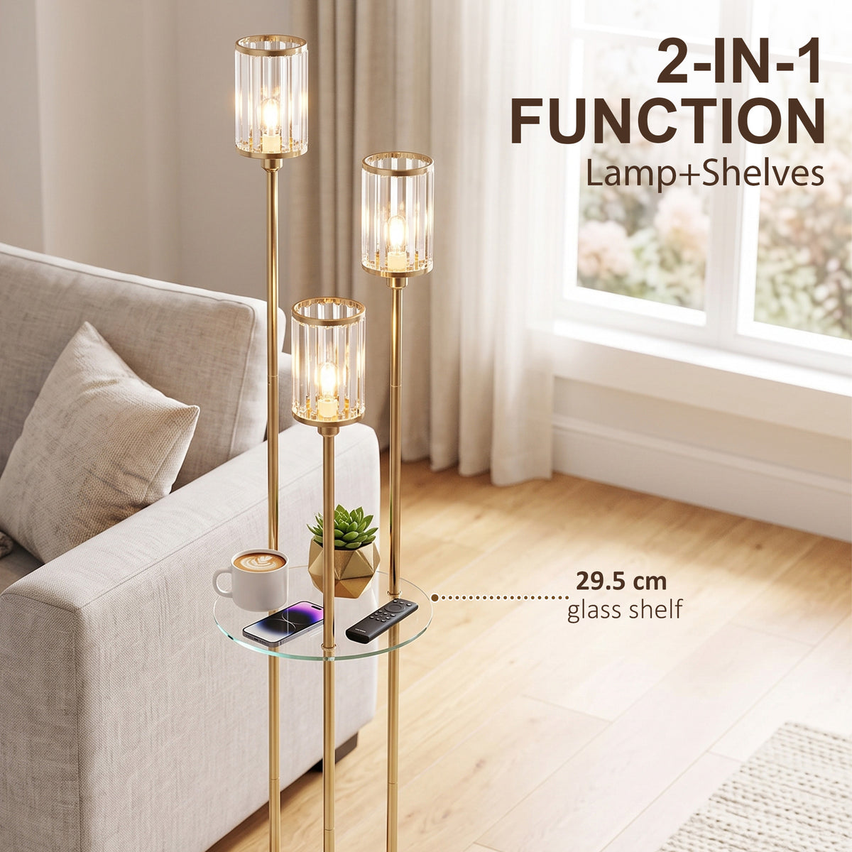 Gold 2-in-1 floor lamp with glass shelf, three clear crystal shades on tall stand
