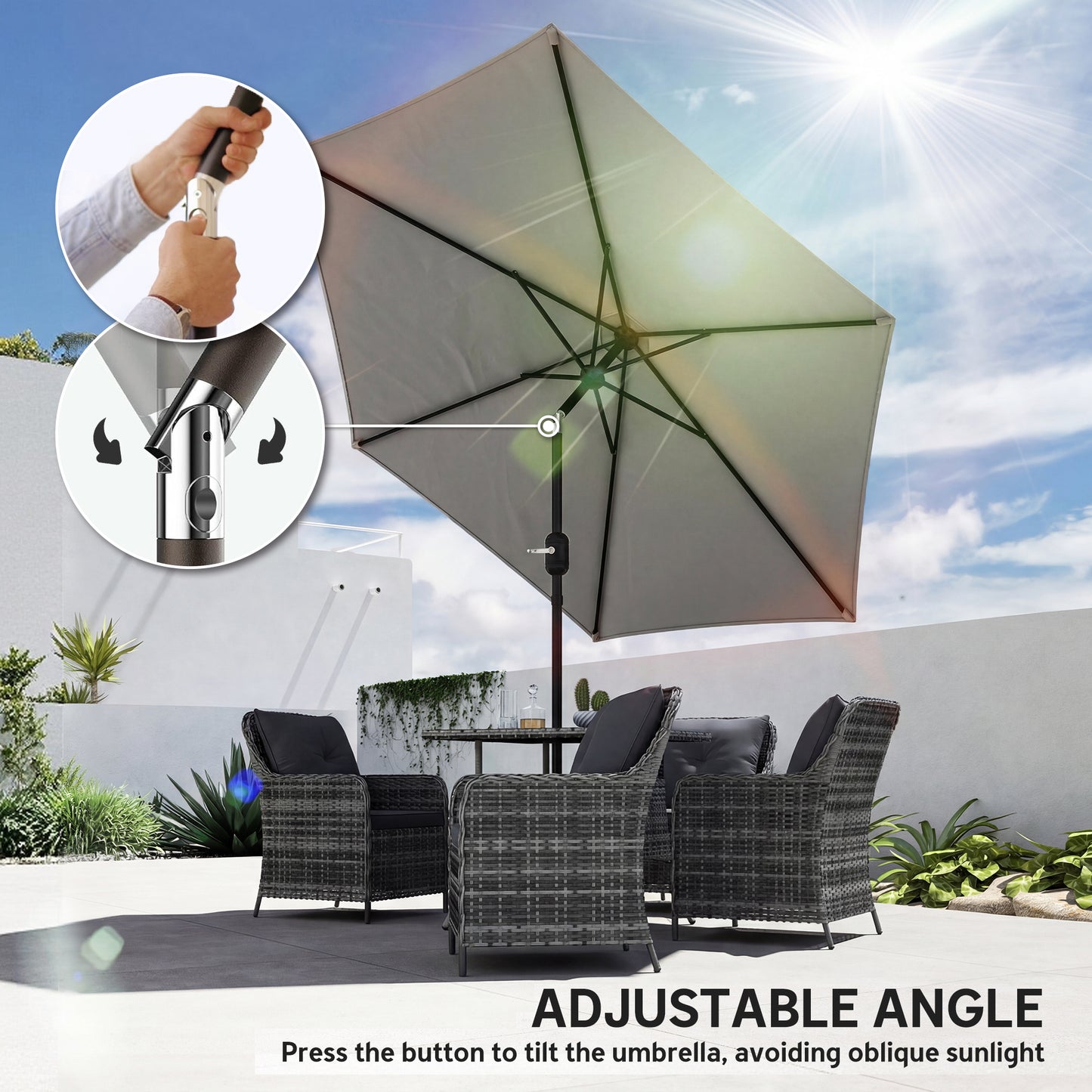 Outsunny 2.6 Meter Garden Parasol Umbrella With Aluminium Pole For Outdoor Patio Tilt And Crank Vent Light Grey