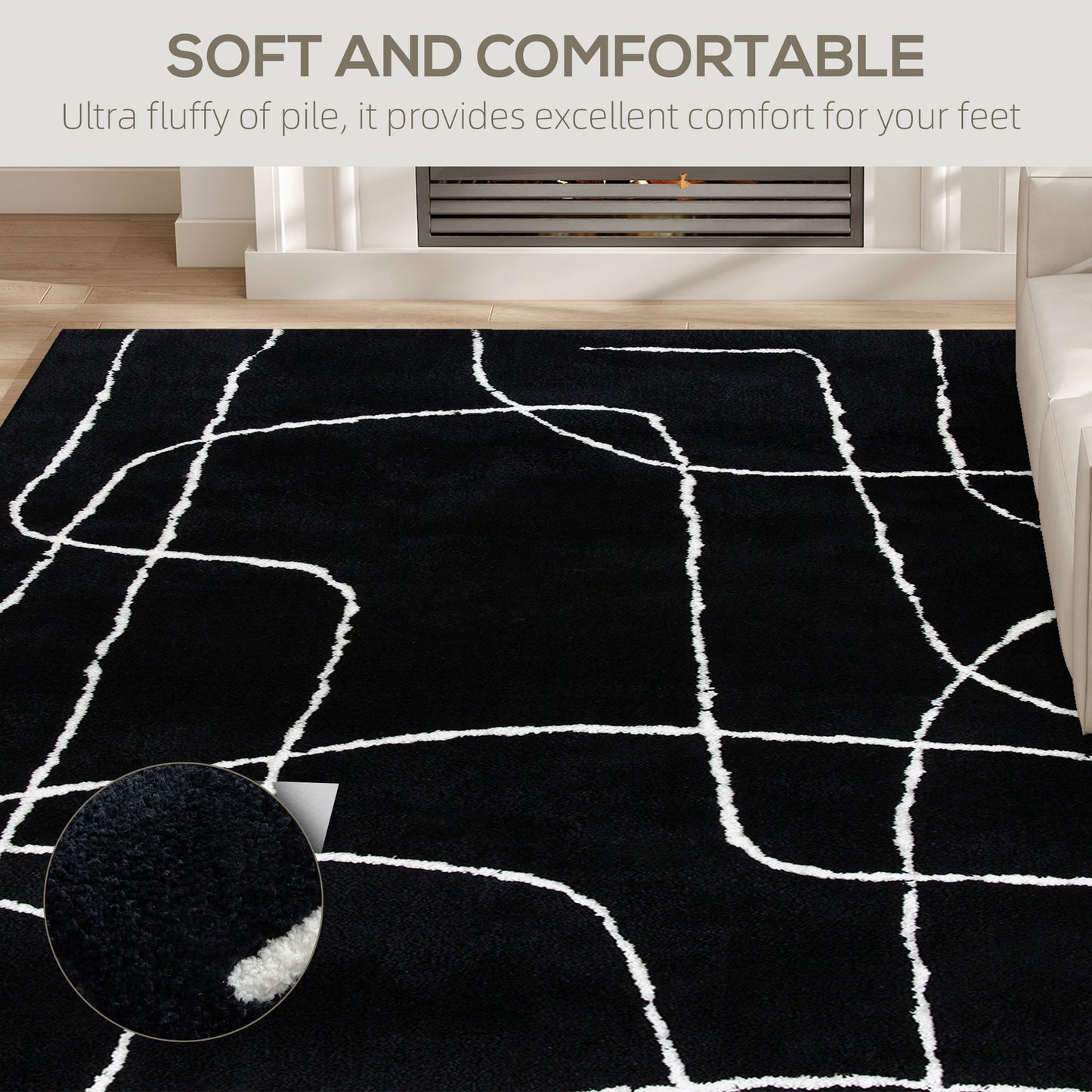 HOMCOM Modern Fluffy Area Rug With Geometric Pattern Washable Soft High Pile Carpet 170x120 cm Black
