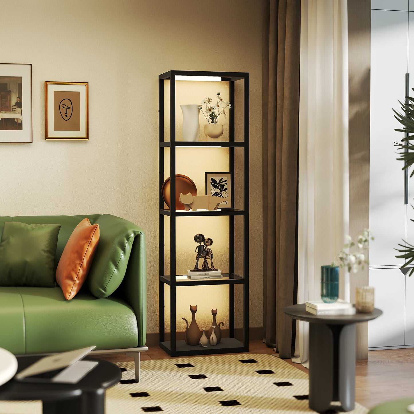 HOMCOM Four Shelf Floor Lamp With Four Warm White LEDs And Storage Shelves And Tempered Glass Black Finish