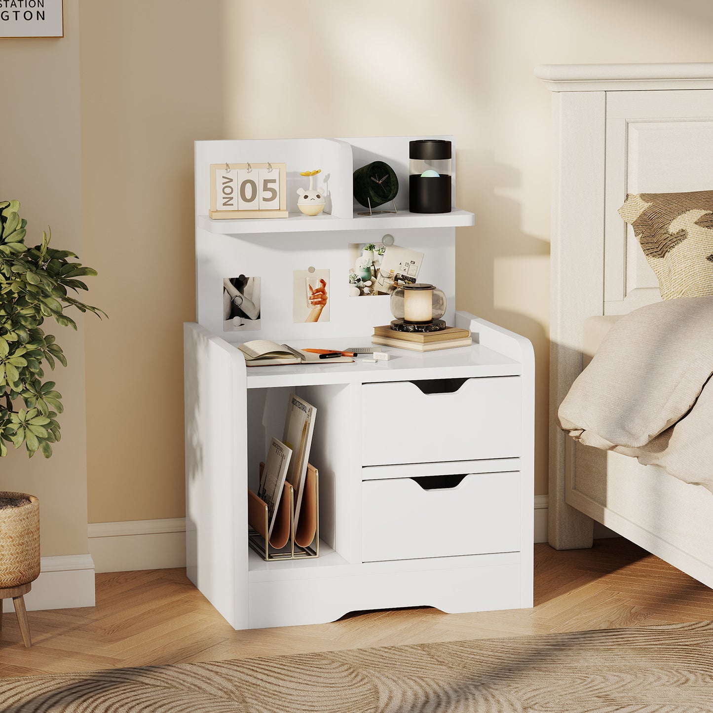 HOMCOM Bedside Table With 2 Drawers And Open Shelves For Alarm Clocks Books And Decor In High Gloss White