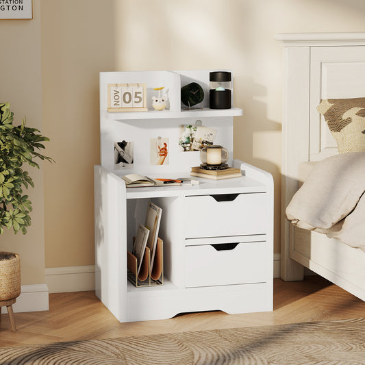 HOMCOM Bedside Table With 2 Drawers And Open Shelves For Alarm Clocks Books And Decor In High Gloss White