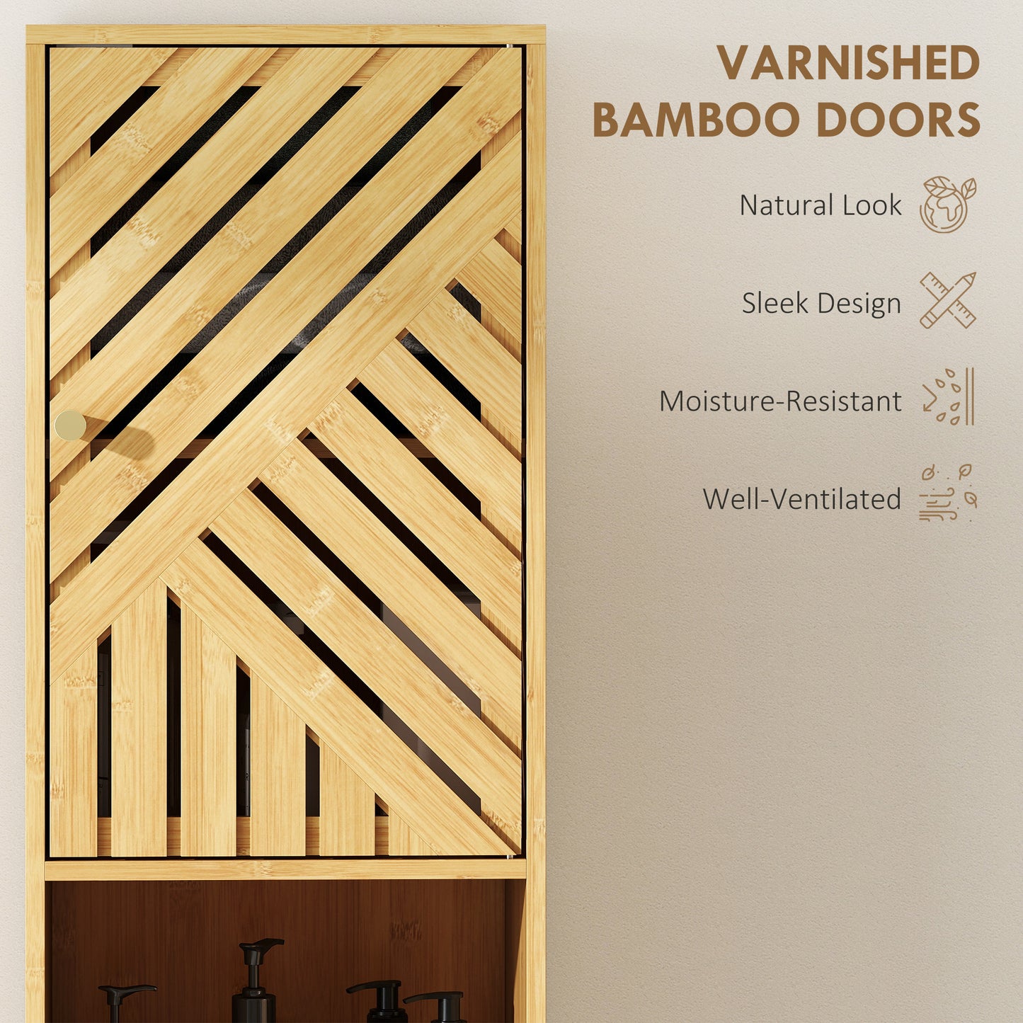 HOMCOM Tall Bamboo Door Bathroom Cabinet With Upper And Lower Cupboards And Adjustable Shelves Natural Finish