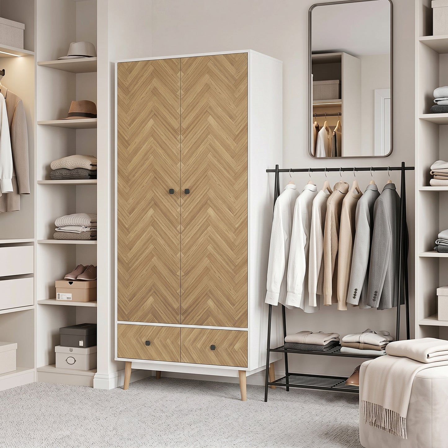 HOMCOM White Wood Effect Wardrobe Cabinet With 2 Hanging Rods 2 Storage Shelves And 2 Drawers