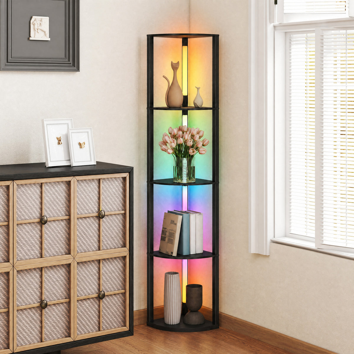 Black floor lamp with four-tier glass shelves and RGB light display