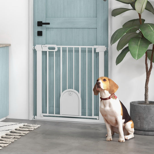 PawHut 75-82 cm Pet Safety Gate Pressure Fit Stair w/ Small Door Double Locking - ALL4U RETAILER LTD