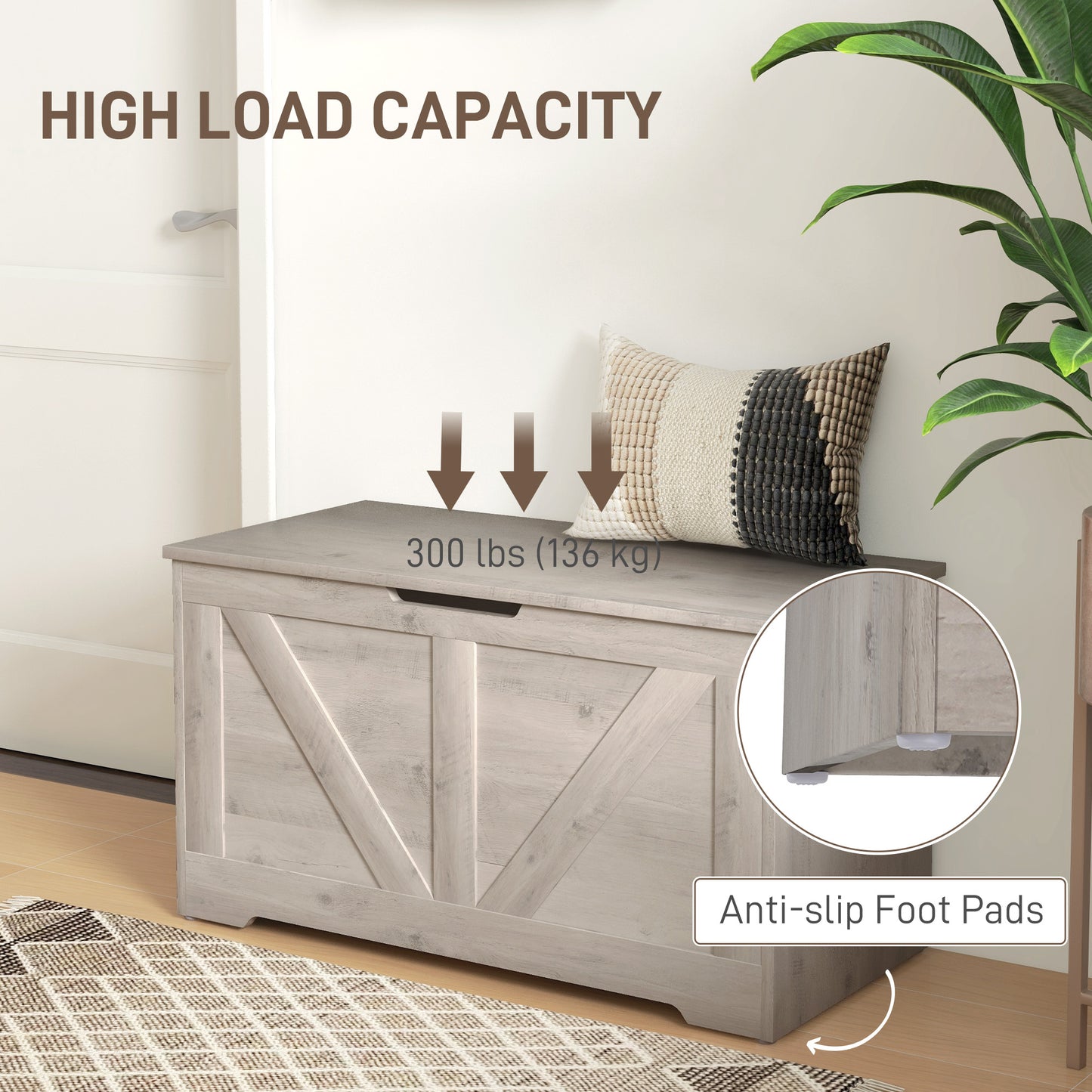 HOMCOM 100L Grey Wood Effect Storage Ottoman With Safety Hinges And Flat Lid Perfect For Blankets And Cushions