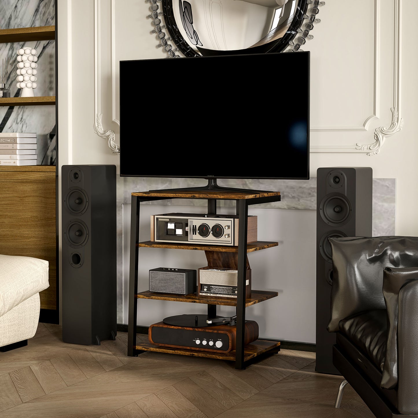HOMCOM HiFi Stand With Four Adjustable Storage Shelves Rustic Brown Finish Sturdy Steel Frame for Audio Video Equipment
